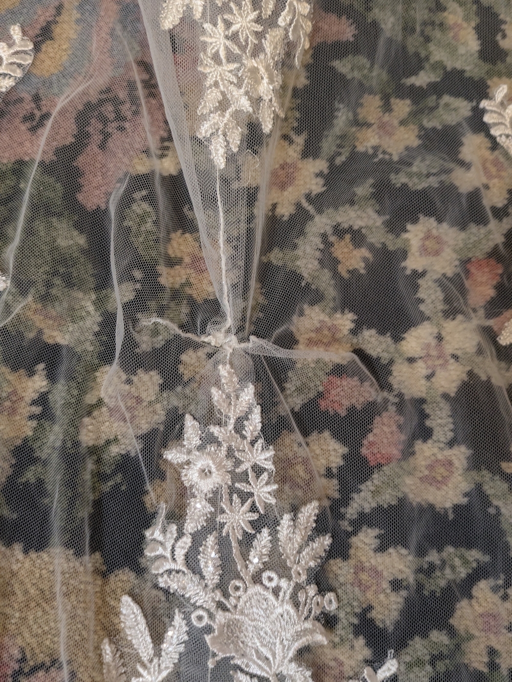 Ivory Beaded Bodice Bridal Overlay with Train and Floral Appliqué - Picture 12 of 12